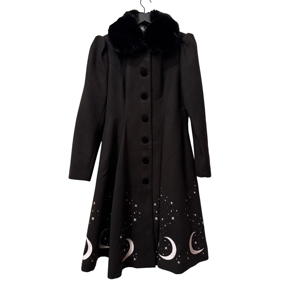 Hell Bunny Long Coat Moons Stars Faux Fur Collar L Large Interstellar